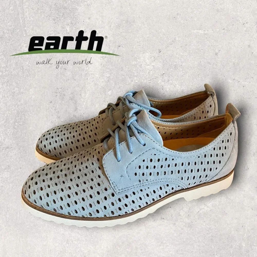 NIB Earth "Camino" Blue Silky Suede Leather Tie Flats Oxford Loafers 5.5